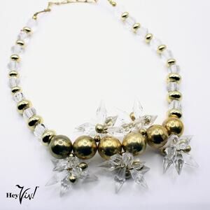 Vintage Statement Necklace Starburst Crystal Look w Big Gold Beads 19" Long- Hey